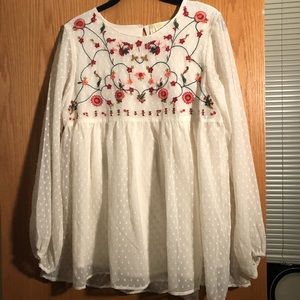 Floral, embroidered mesh long sleeve top